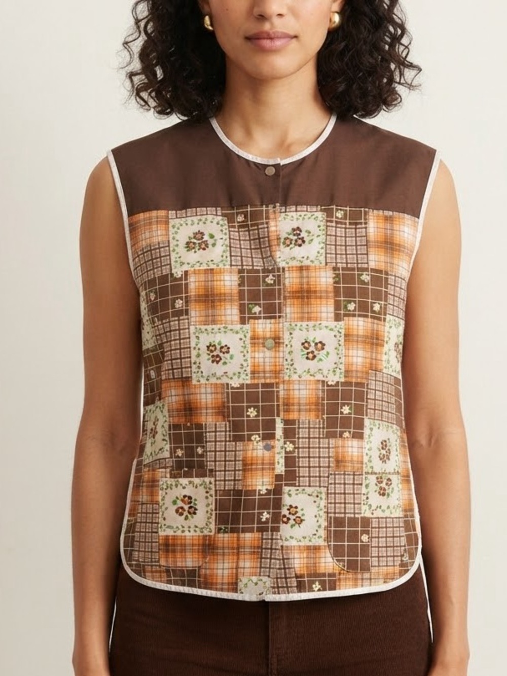 Sleeveless Brown Patchwork Plaid Sleeveless Top Button Up Shirt Size Small